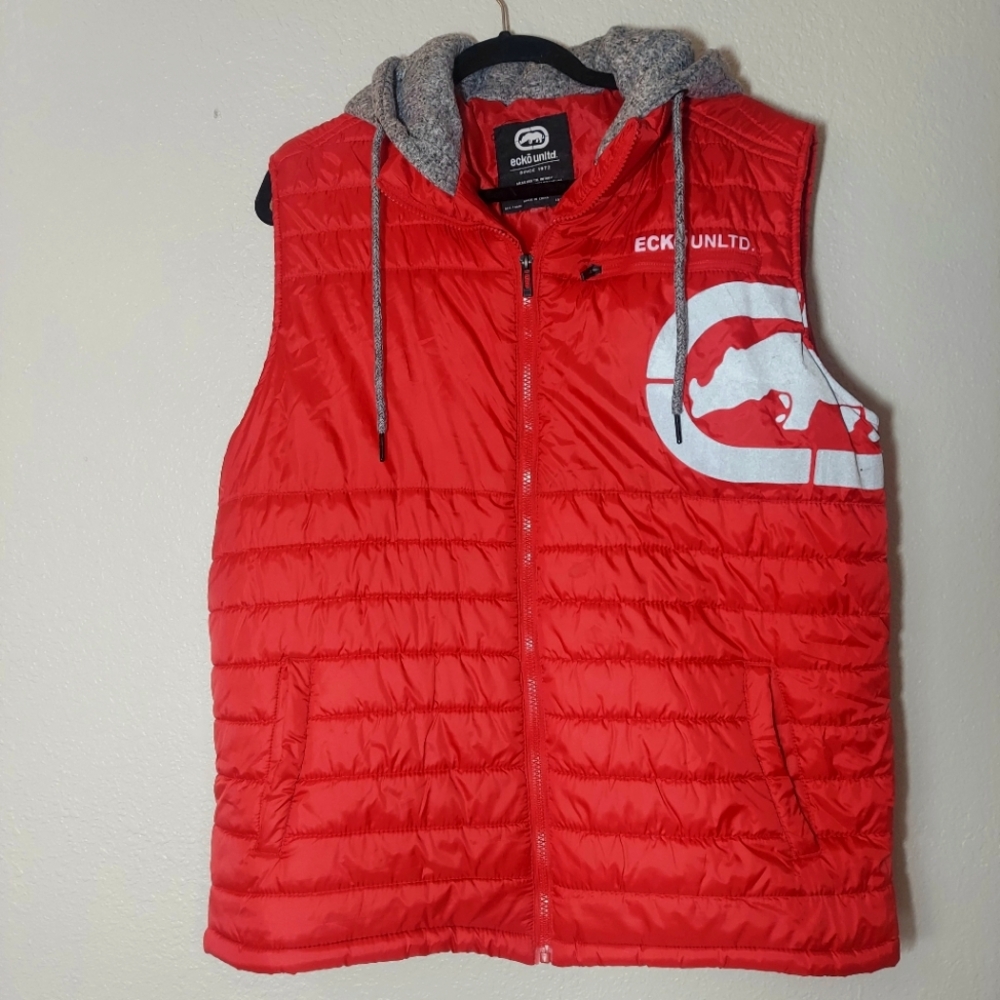 Ecko unltd. Mens Vest Size Large Red Sleeveless Quilted Hoddie Puffer Jacket